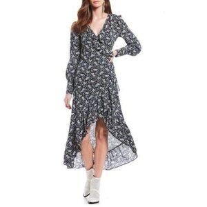 Chelsea & Violet Wrap Dress  Size Medium Blue Floral Midi Ruffle Long Sleeve New
